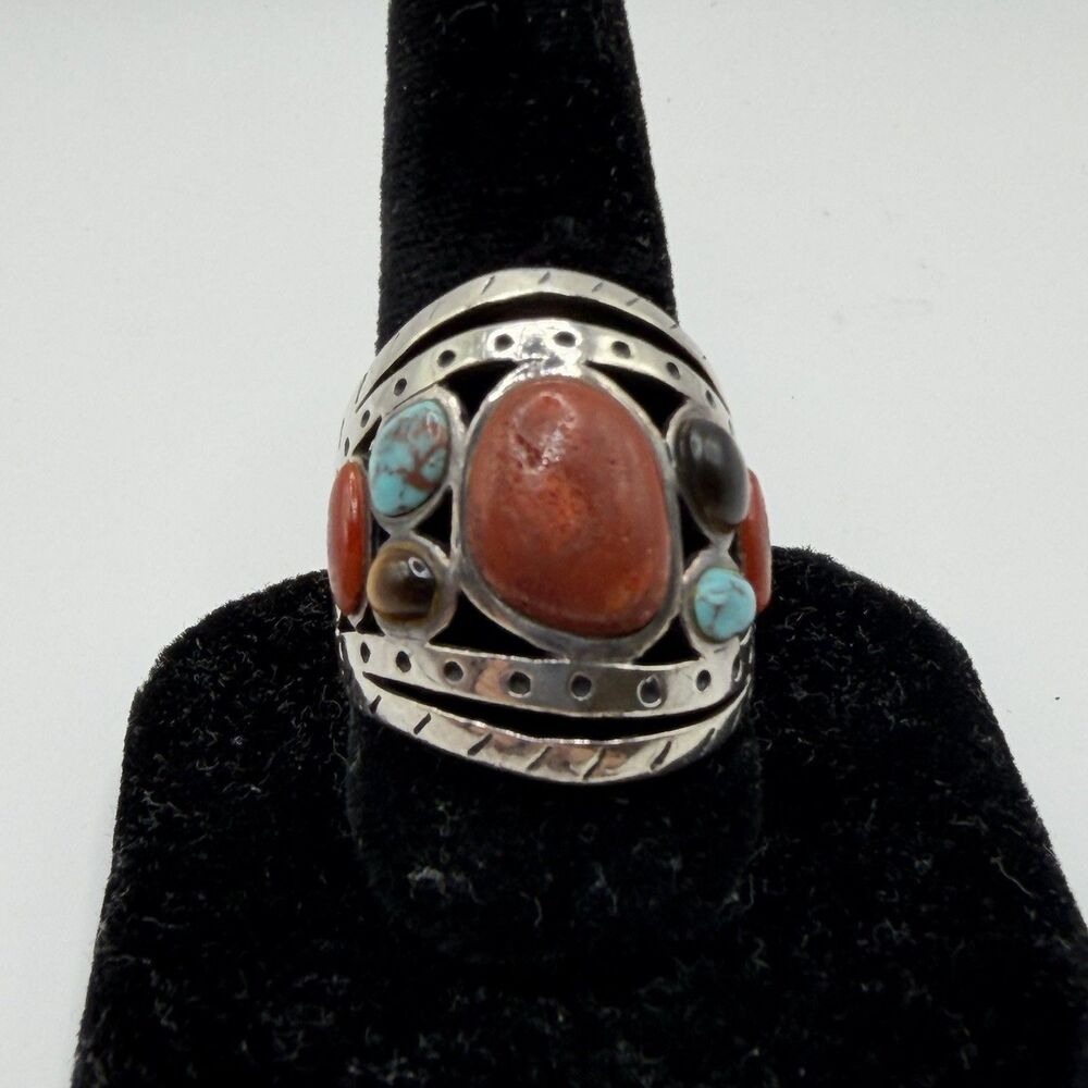 925 Sterling Silver Turquoise Coral Multi Stone Ring Size 10 10.5g Southwestern